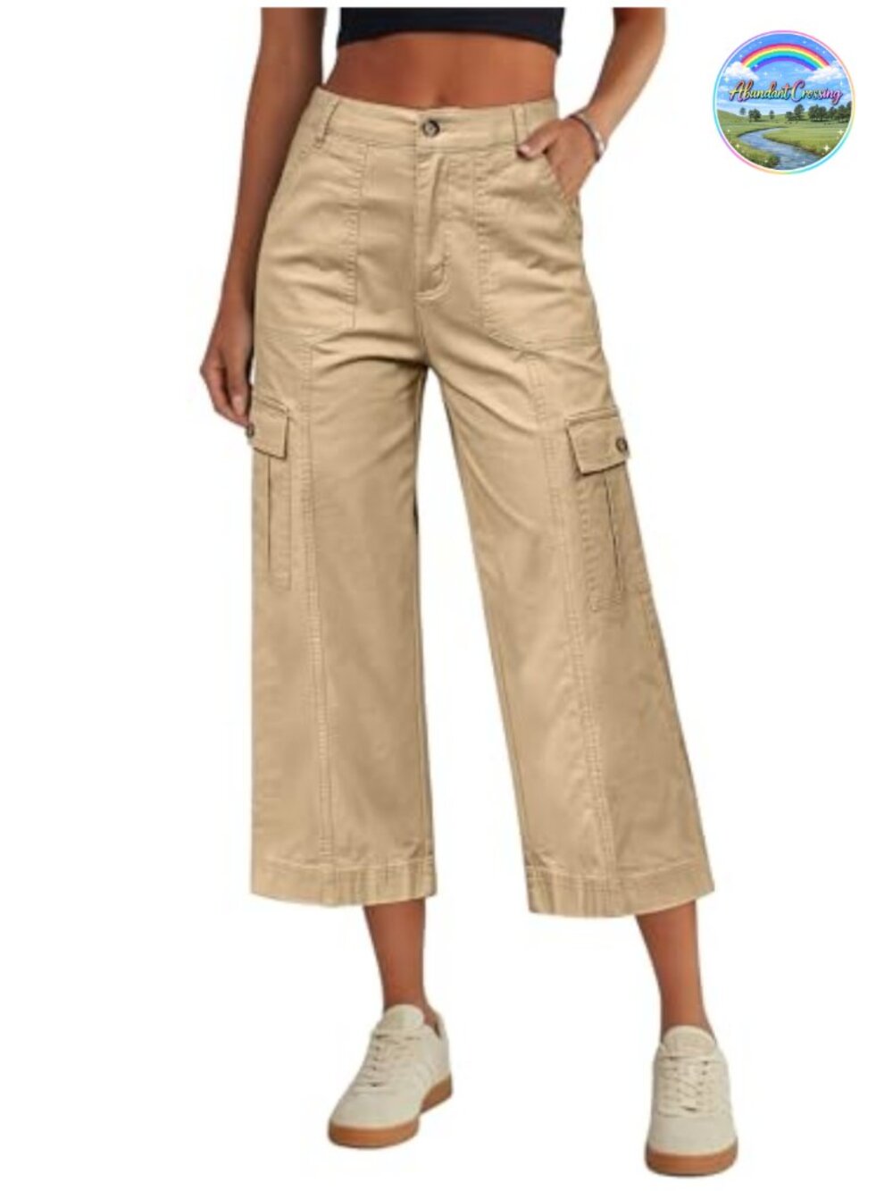 High Waisted Cargo Capri Pants Stretchy 6 Pockets Wide Leg Loose Fit